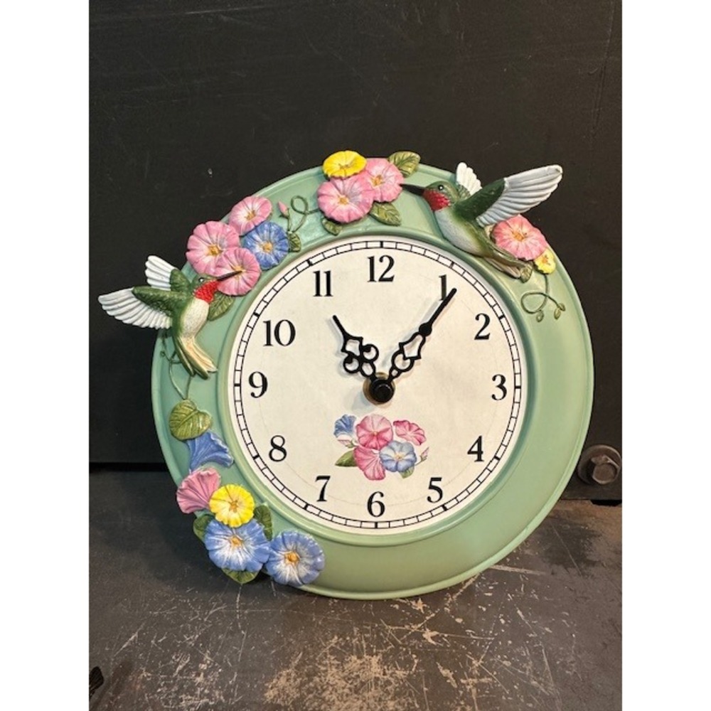 Collections Etc Hummingbird Floral Wall Clock Green Morning Glory Quartz 8.5in